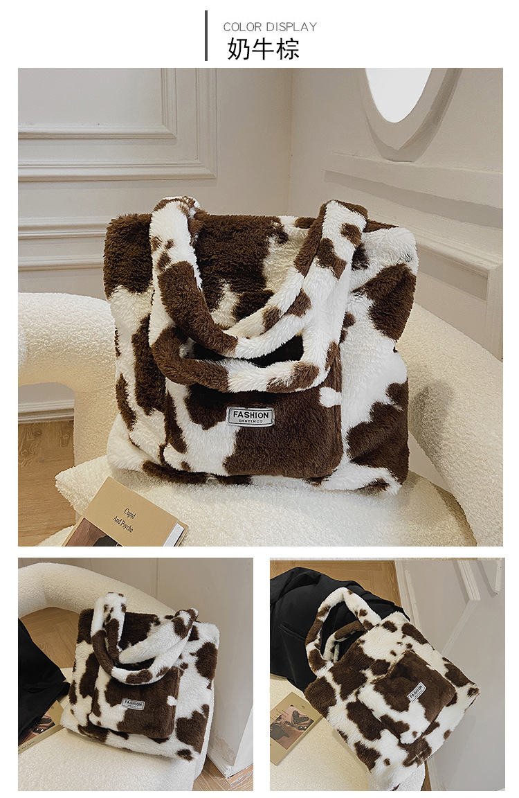 black and white checkerboard large capacity plush tote bag autumn and winter new simple plush shoulder bagpicture12