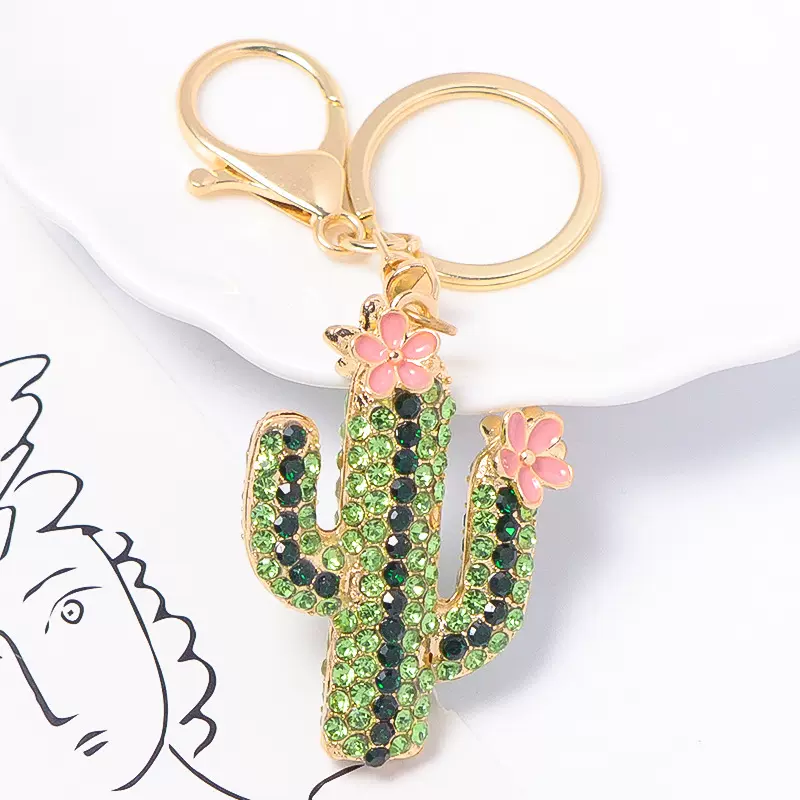 跨境植物花卉仙人掌钥匙扣义乌小商品批发金属镶钻小花朵钥匙链