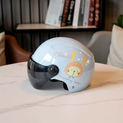 Motosiklet kaskı (dəbilqə): Model Electric Vehicle Safety Helmet, Universal - 802-blue-strawberry-rabbit-black-short-lens-3c-certified-one-size