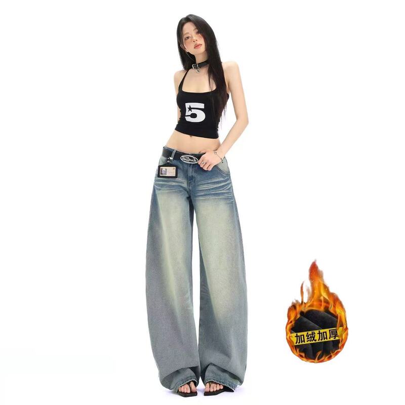 Winter Fleece-Lined Low-Waist Retro Slim Light-Colored Washed Three-Dimensional Whiskered Straight-Leg Jeans Loose Wide-Leg Floor-Length Pants