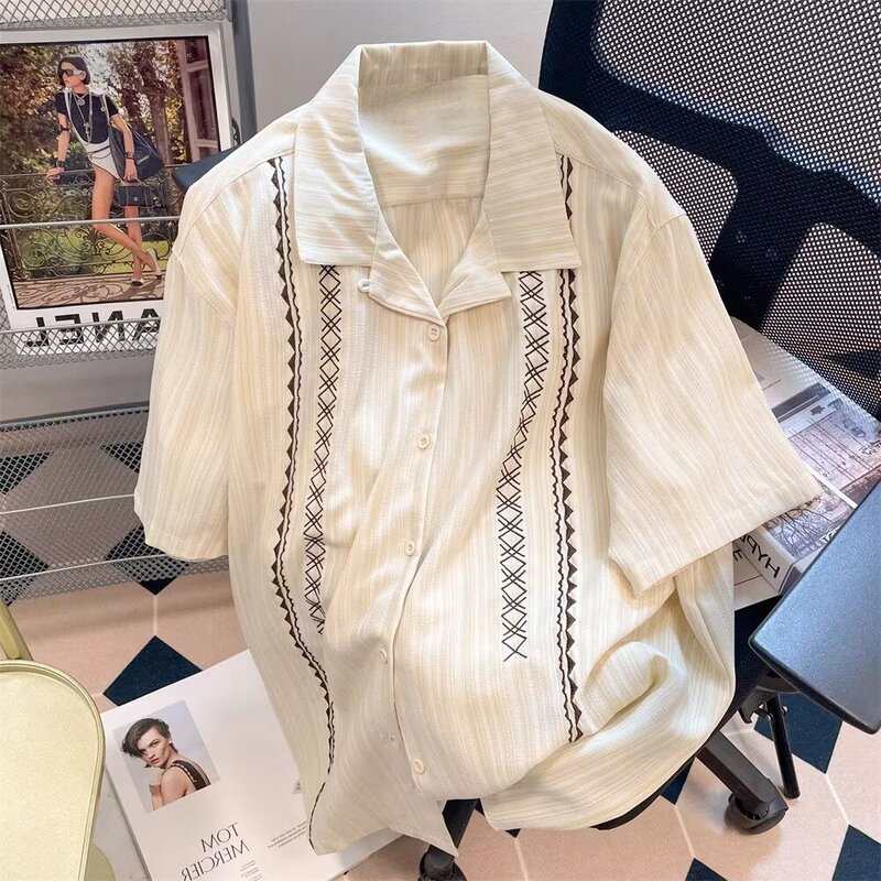 Heavy Industry Sequin Beaded Ribbon Shirt Men's 2025 New Lapel Shirt High-grade Street Fashion Brand Casual Top