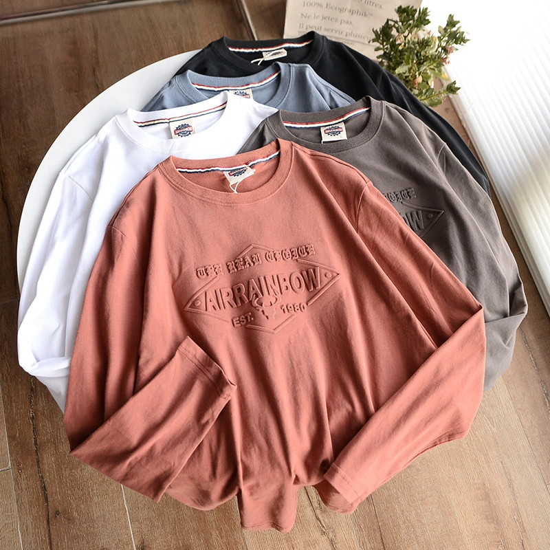 100 хлопка! Модная брендовая Винтажная футболка в японском стиле с трехмерным принтом и круглым вырезом и длинными рукавами, универсальная базовая Повседневная футболка из чистого хлопка