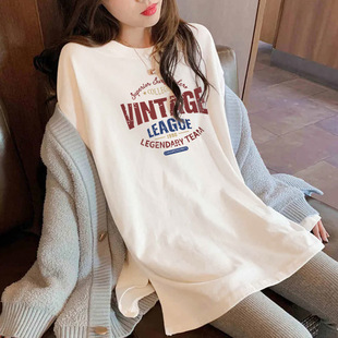 Maternity T-shirt 2023 Spring and Autumn New Mid-length Cotton Sanding Long-sleeved T-shirt Women's Split Loose Round Neck All-match Women