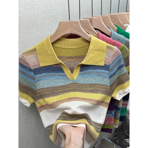 New  Summer Rainbow Striped Contrast Collar Knit Short Sleeve Top