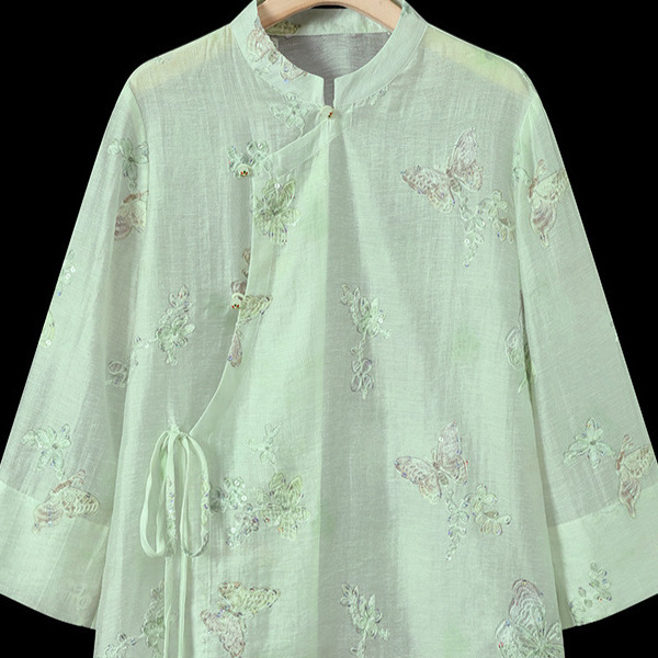 Butterfly Sequin Embroidery New Chinese Style Shirt for Women, Diagonal Collar Tie, Light National Style Top, Summer Stand Collar Thin Blouse Butterfly Sequin Embroidery New Chinese Style Shirt for Women, Diagonal Collar Tie, Light National Style Top, Summer Stand Collar Thin Blouse