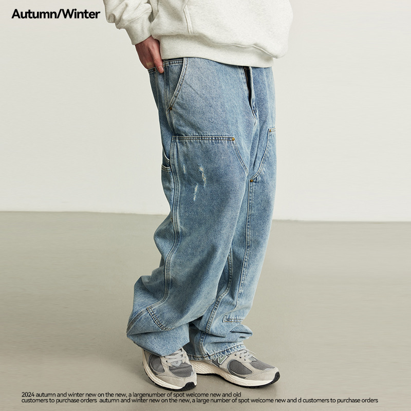 UNF verano pesado lavado, desgastado y desgastado, pantalones de tala, jeans rectos de algodón callejero americano, hombres y mujeres