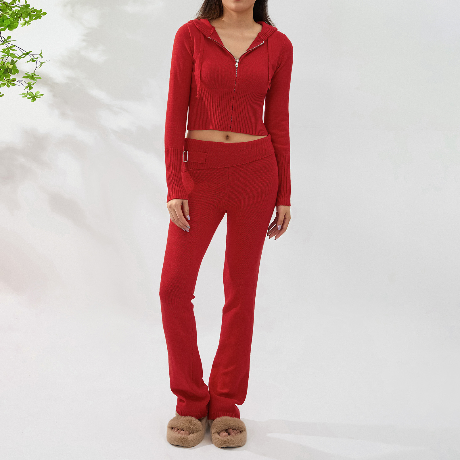 Ensemble deux pièces en tricot à capuche pour femme, pantalon sexy à manches longues et taille haute, à la mode_voghion.com