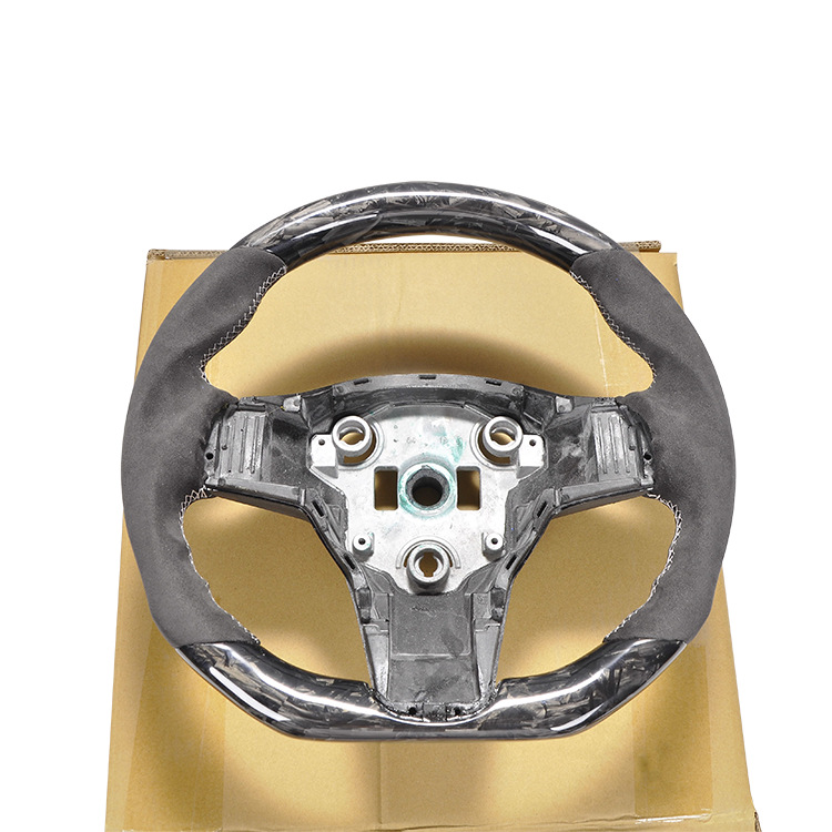 100% Real Carbon Fiber Forged Black Steering Wheel with Brown Stitching - For Tesla Model Y