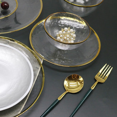 Plate Nordic style gold-rimmed glass plate household round dried fruit snack fruit plate set transparent glass bowl