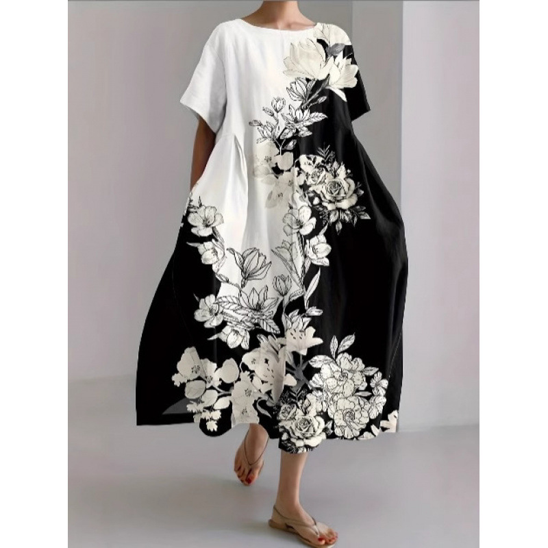 New Product Amazon Cross-Border Summer European and American Women's Clothing Loose Round Neck Fashionable High-End Short-Sleeved Printed Dress New Product Amazon Cross-Border Summer European and American Women's Clothing Loose Round Neck Fashionable High-End Short-Sleeved Printed Dress