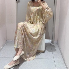 女款夏高级感休闲复古宽松长款V领蝙蝠袖连衣裙法式中袖A字长裙女