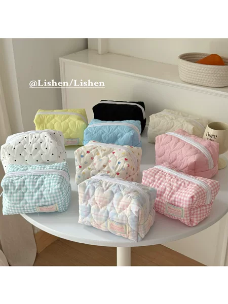 Korean New Cosmetic Bag, Large Capacity Quilted Cotton Love Storage Bag, Cute Portable Toiletry Bag, Shopping Clutch Bag