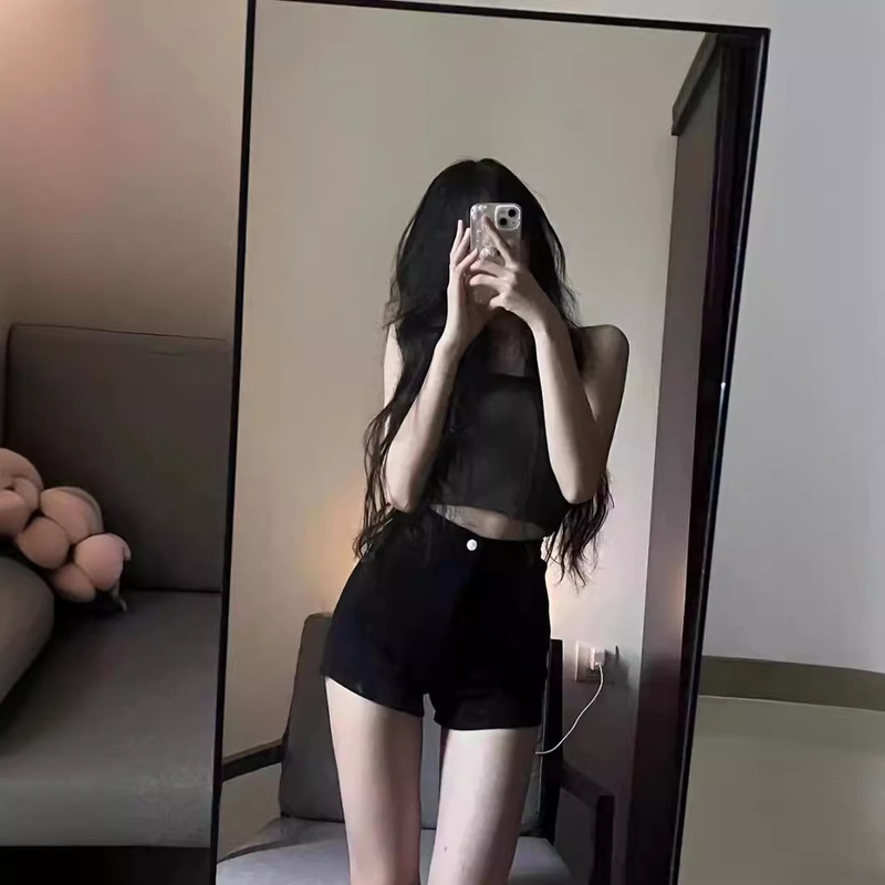 Black hot pants jeans for women 2024 Summer new high waist slimming stretch tight outer wear women's hot shorts