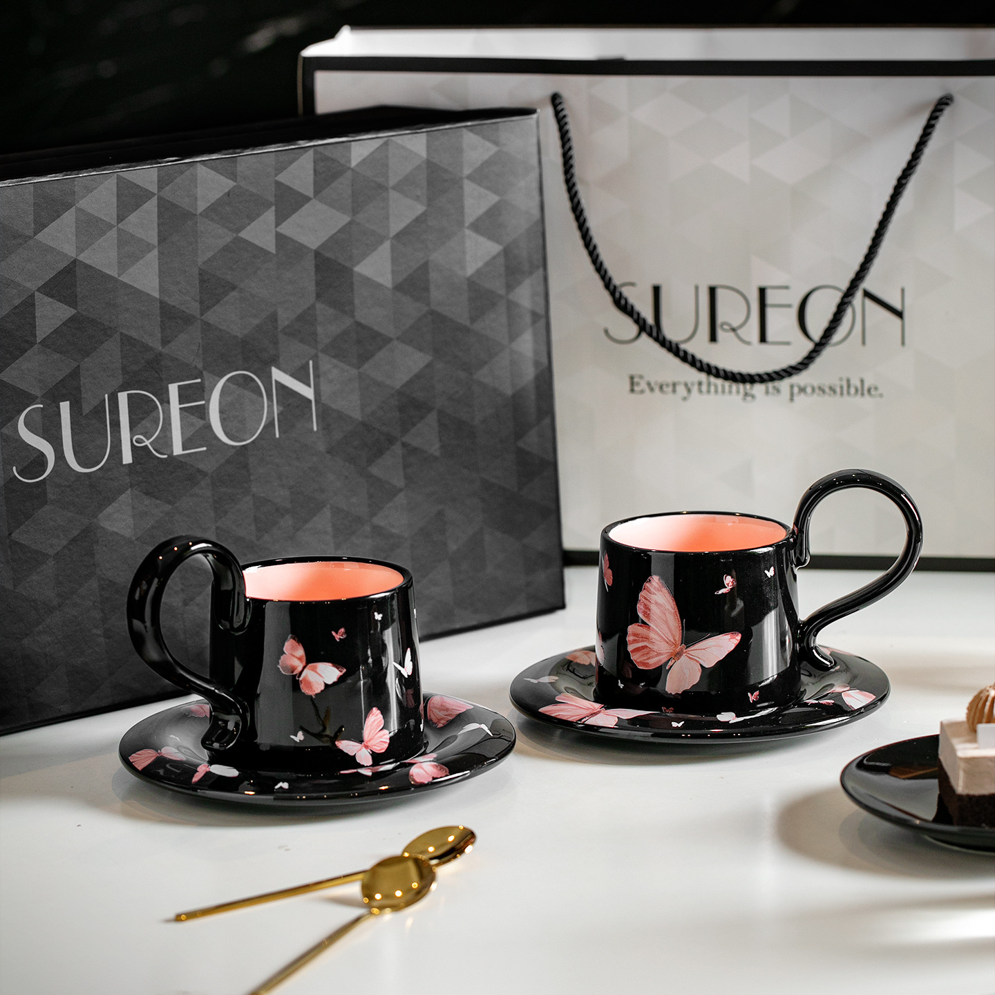 Amor arco taza de café y plato conjunto de caja de regalo para la casa de bodas regalo de regalo de cumpleaños té de la tarde