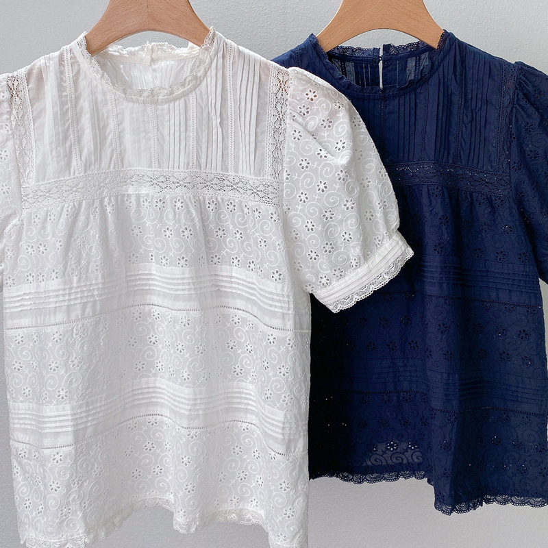 2-Color Heavy-Duty Cut Out Flower Embroider Pleated Shirt Versatile Lace Round Neck Puff Sleeve Top American Retro 2-Color Heavy-Duty Cut Out Flower Embroider Pleated Shirt Versatile Lace Round Neck Puff Sleeve Top American Retro