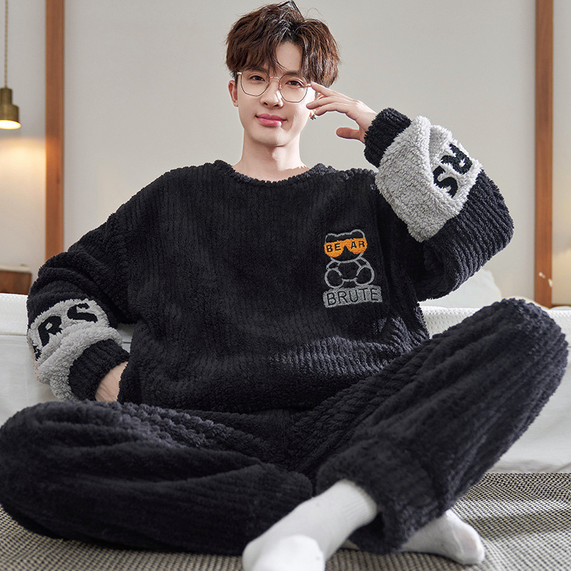 Men's Autumn and Winter Coral Velvet Pajamas Thickeneded and Velvet Youth Students Casual Flannel Home Clothes Set