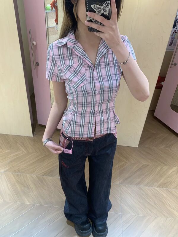 フレンチレトロハイエンドピンクチェック柄ポロカラー半袖シャツレディース夏デザインスリムフィット万能トップ|undefined
