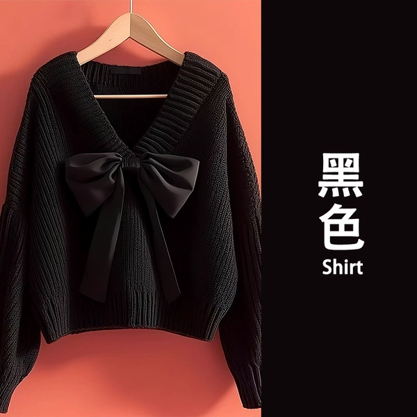 Black winter sweater with bow, high-quality style