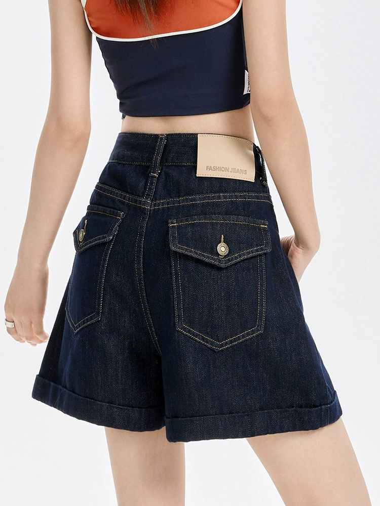 Летняя утягивающая верхняя одежда, свернутые темно-синие джинсовые шорты с высокой талией для женщин больших размеров грушевидной формы