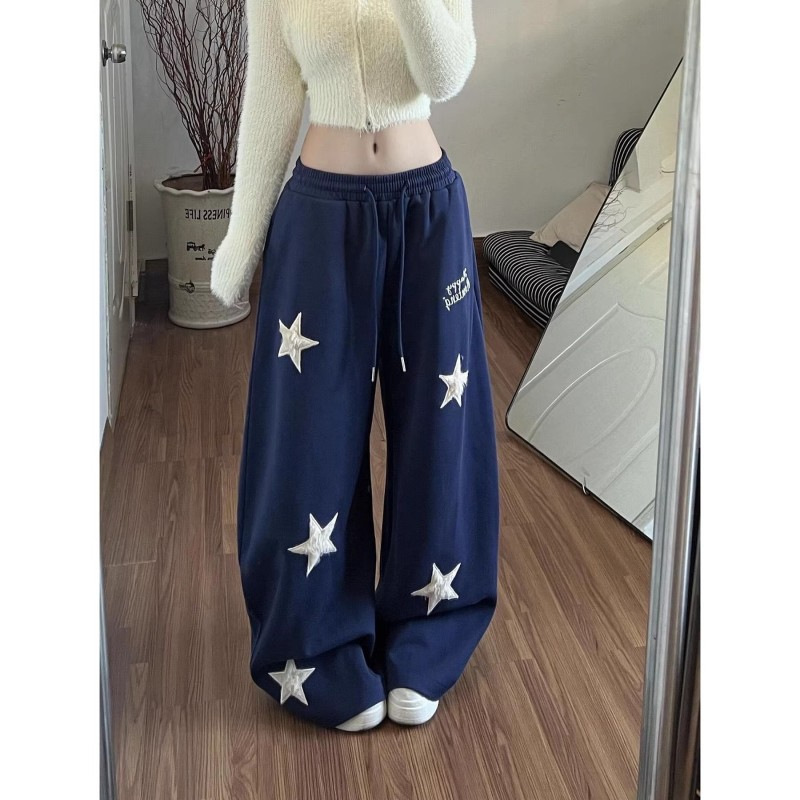 Plus size 150kg American-style plush star-embroidered elastic waist casual pants for men and women, loose and slimming sports wide-leg pants Plus size 150kg American-style plush star-embroidered elastic waist casual pants for men and women, loose and slimming sports wide-leg pants