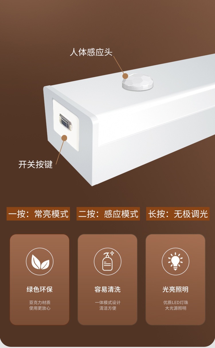 智能led人体感应灯磁吸自粘无线小夜灯 长条充电橱柜衣柜灯条家用