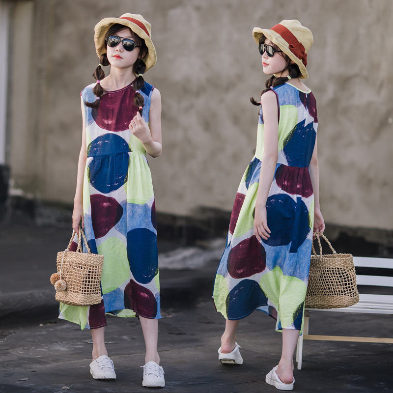 Vestido de las niñas verano fino 2023 nuevas vacaciones estilo occidental medio y grande falda de los niños niñas impreso princesa vestido