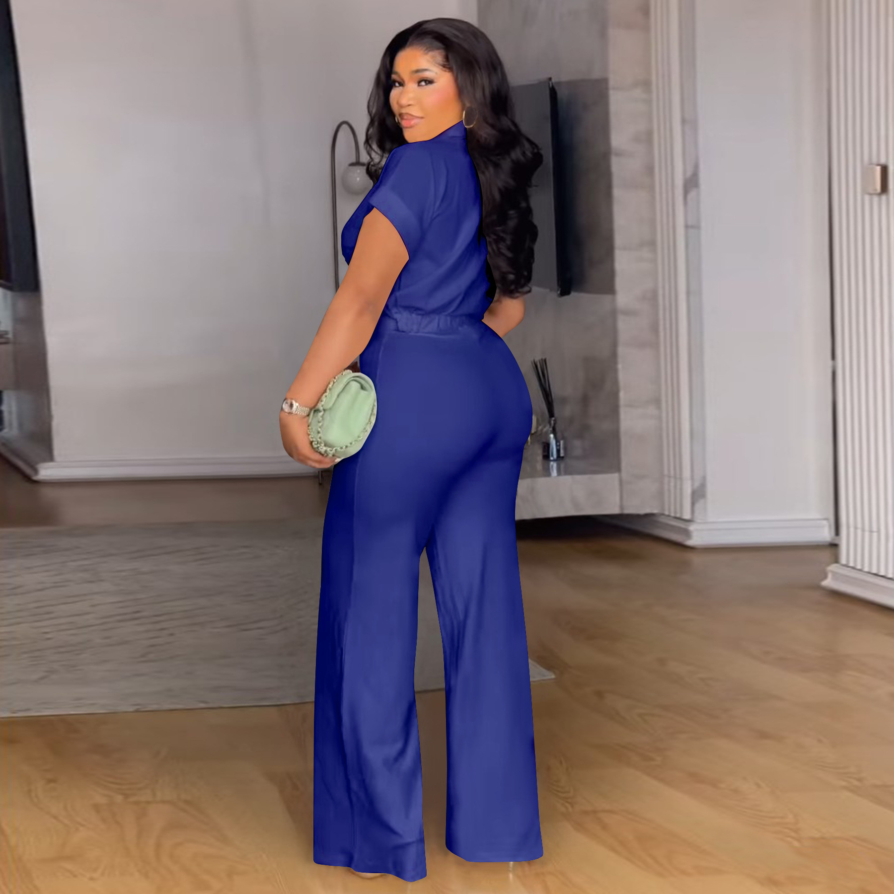 Women's Clothing Plus Size Summer Outfit High Waist Casual Pants & Solid Color Shirt Short Sleeved Two-Piece Set_ecoleips.com