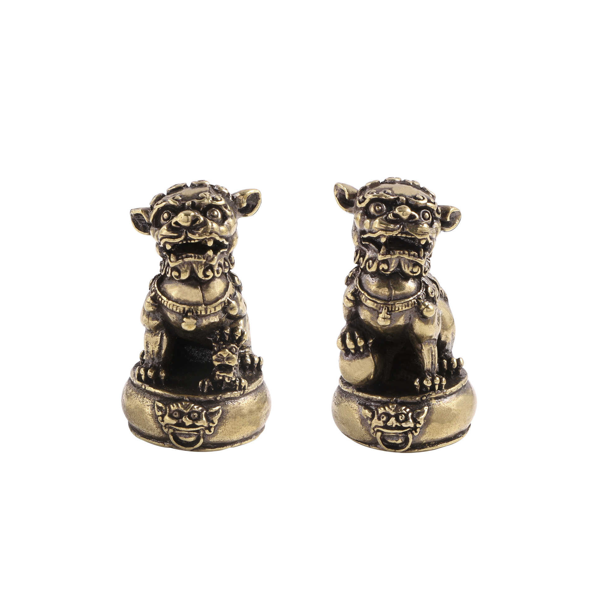 Solid Copper Brass Carving Standing Drum Pair of Lion Ornaments Antique Precision Copper Art Tea Pet Copper Lion Antique Copperware Copper Handle Pieces