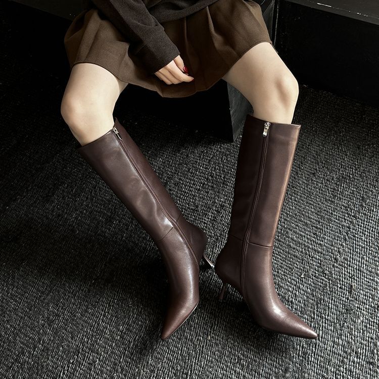 French Retro Square Head Kitten Heel High Knights Boots Women's Autumn and Winter Genuine Leather Middle Heel Thin Boots but Knee Long Boots