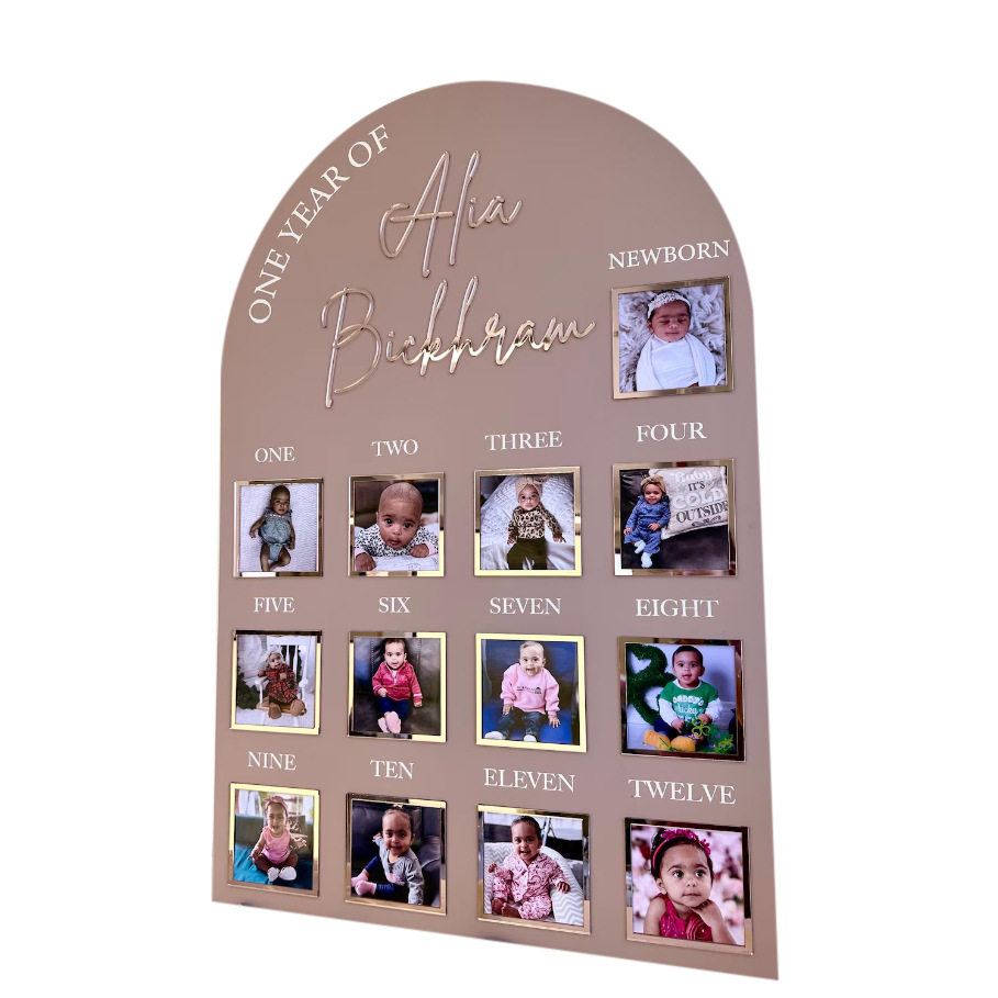 Hito de un primer año de cumpleaños tablero de fotos, lenguaje de señas de un año de bebé, tablero de hito, tarjeta de cumpleaños personalizada de un año