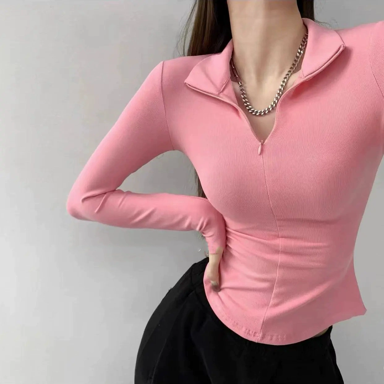 Приталённый лонгслив (женский), французский стиль, осень, 6 цветов, S–XL