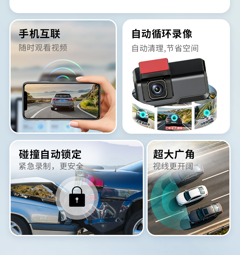 Y HD 4K Dash Cam with front and rear dual recording, mobile app connectivity, 3inch IPS screen, loop recording, car equipment