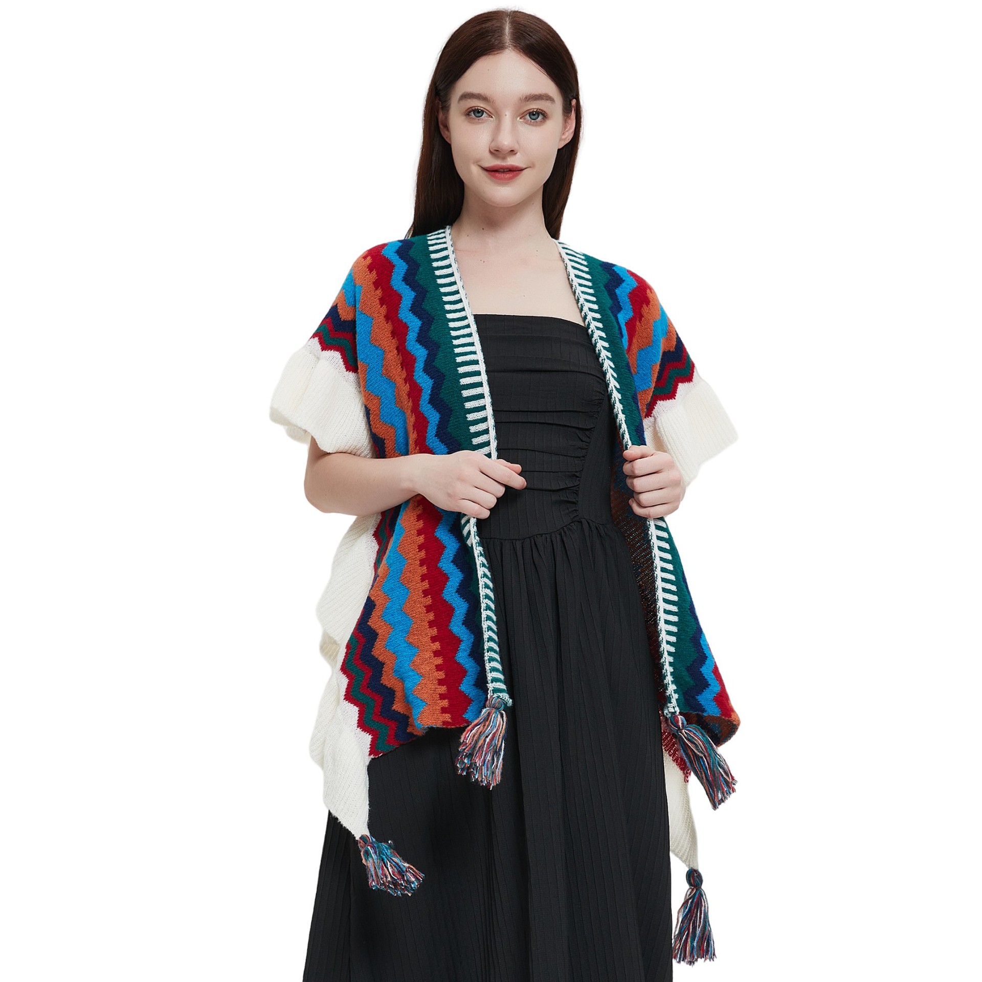 Unisex Spring and winter women's travel ethnic style ruffled knit cape_viptrois.com