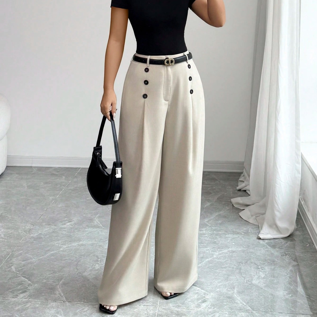 Women's beige summer elegant office wide-leg pants, stylish pleated straight pants with pockets, modern workplace color
