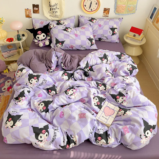 Cartoon Kroomi Bedding Four-piece Set Girls Boys and Children Sanrio Quilt Cover Dormitory Three-piece Set Washed Cotton Bed Sheet
