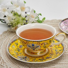 厂家批发珐琅彩浮雕陶瓷下午茶水杯节日logo伴手礼品骨瓷杯碟套装