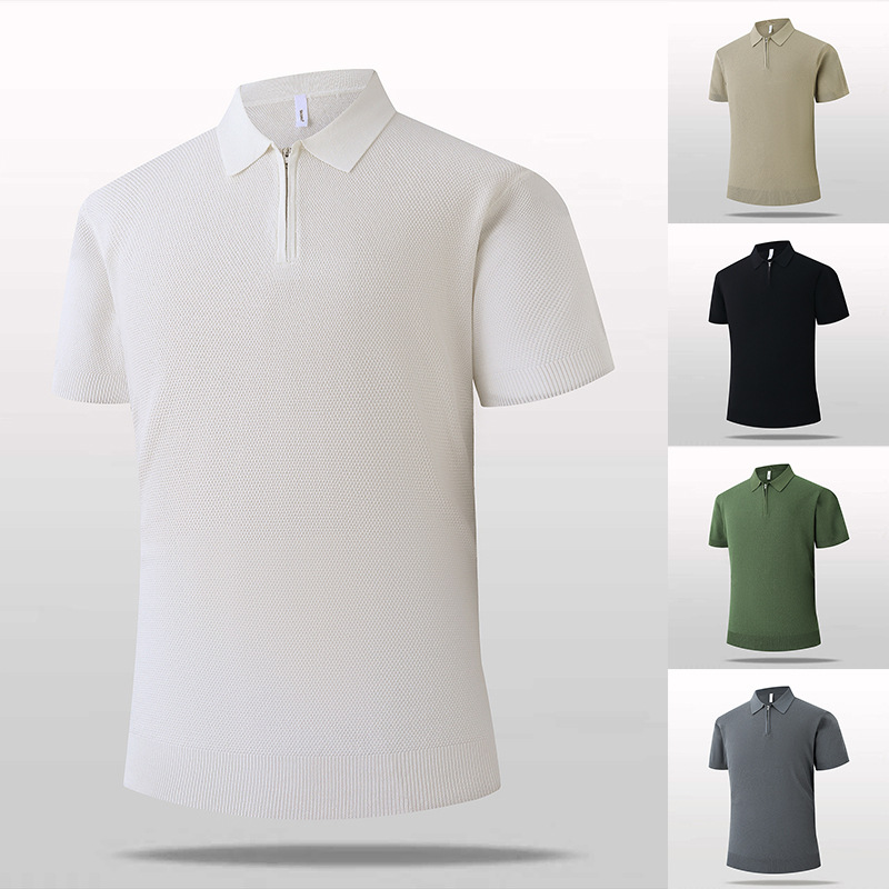 Polo camiseta de punto camiseta de manga corta hombre solapa media cremallera vieja camiseta de hielo delgada de verano fábrica transfronteriza al por mayor