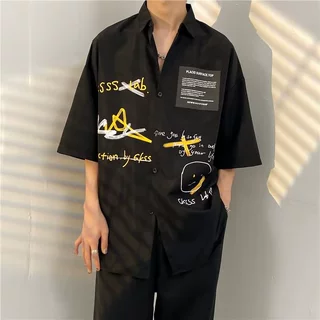 涂鸦花衬衫男夏季薄款潮流胖子大码宽松休闲ins痞帅短袖衬衣外套