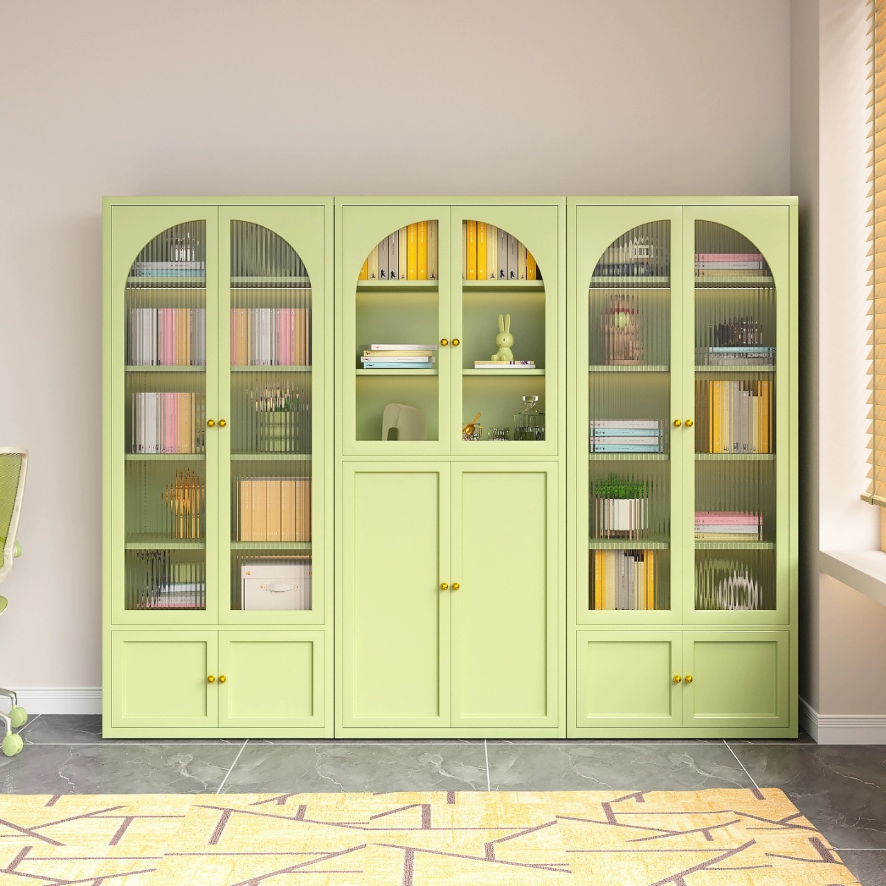 Cream Style Steel Bookcase Living Room Floor-Standing Bookshelf with Door Dust-Proof Glass Display Cabinet Sandwich Storage Storage Cabinet