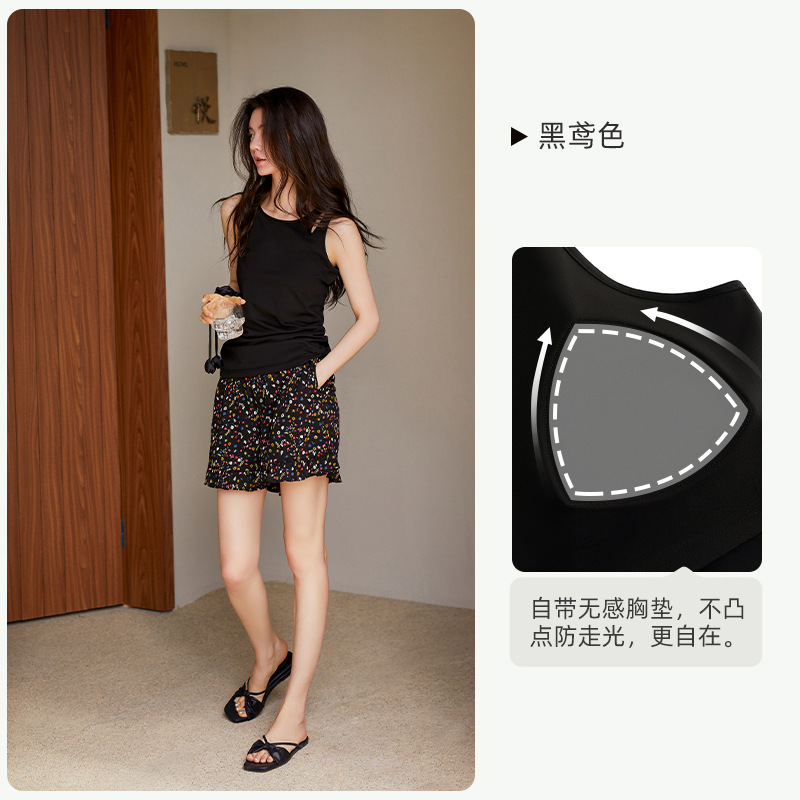 Yuenai 女性用胸パッド付きパジャマ、夏用モーダルノースリーブベストショーツ、ホームウェア、ファッショナブルで屋外で着用可能|undefined