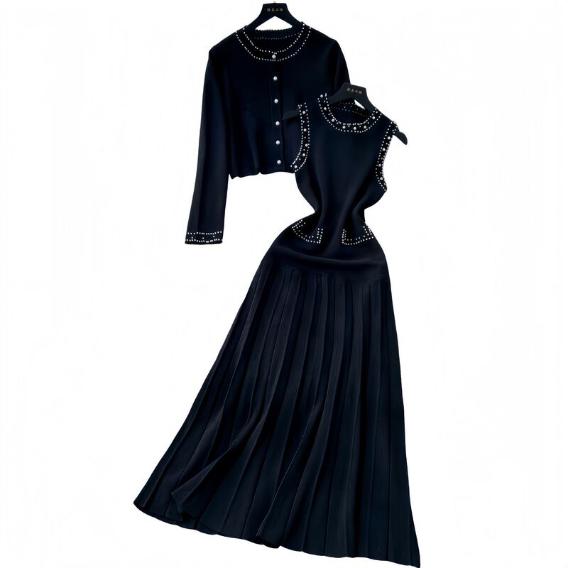 Cross-Border Chanel-Style Fashion for Women in Autumn: Beaded Round-Neck Sleeveless Knit Dress, Long-Sleeve Beaded Cardigan