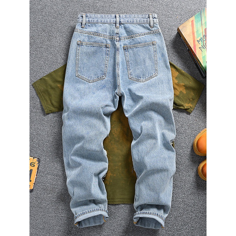 Men's Clothing Retro Distressed Patchwork Jeans For Men, Loose Straight Leg, Trendy Brand Pants._mkmklike.com