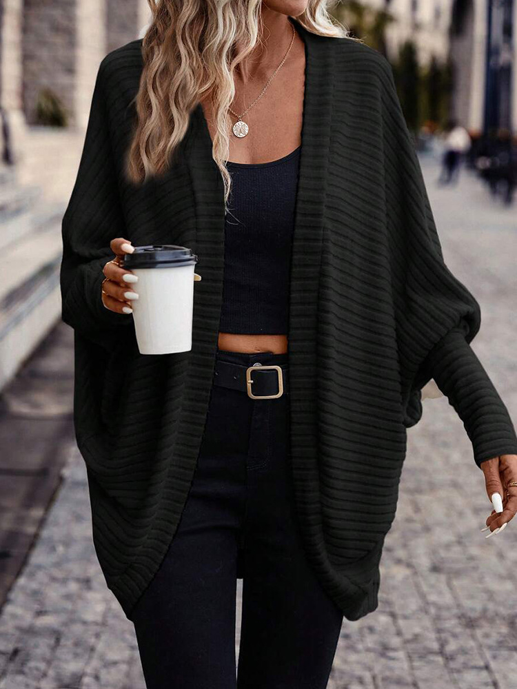 Women's Clothing V-Neck Knit Cardigan Sweater - Soft Loose Fit Long Sleeve Open Front Casual Pullover For Fall Winter (Black, Gray, Army Green)​_voghion.com