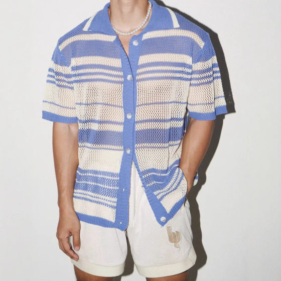 American Retro Casual Loose Short-Sleeved Knitted Shirt Men's Summer Trendy Brand Cut Out Niche Lazy Style Stripesd Shirt