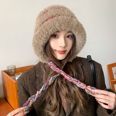 毛茸茸拼色条纹针织毛绒帽女秋冬季流苏百搭帽子大头围防寒风雪帽