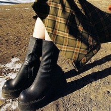 跨境歐美女式中靴2022秋冬新款側拉鏈粗跟防水台中筒時裝靴40-43