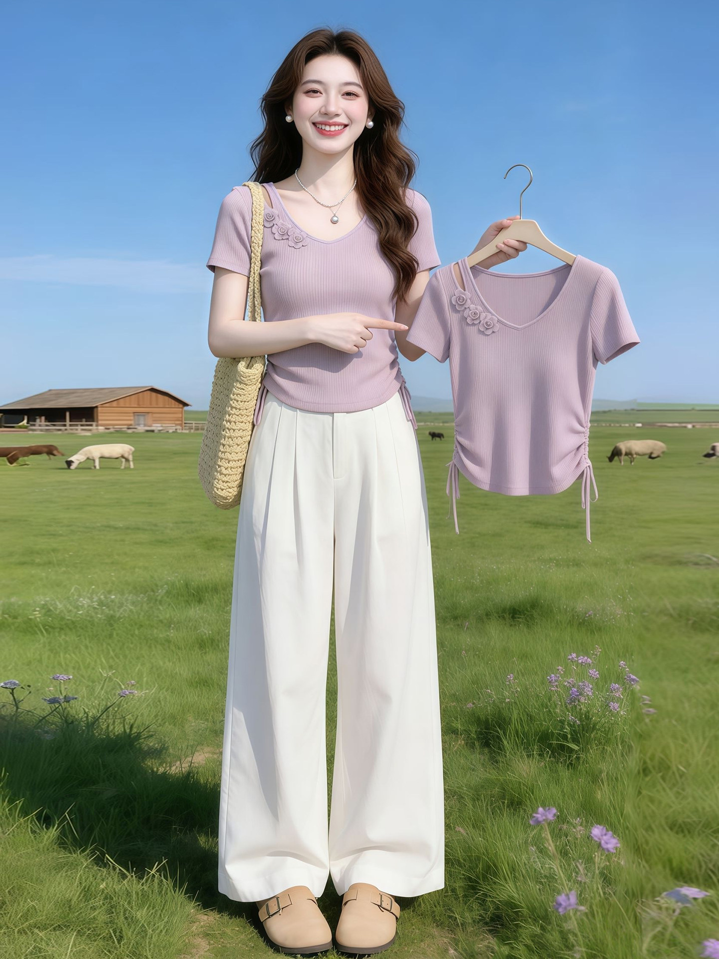 Áo thun nữ cổ V tay ngắn họa tiết hoa nổi 3D thắt eo dây rút — màu tím chi tiết 5
