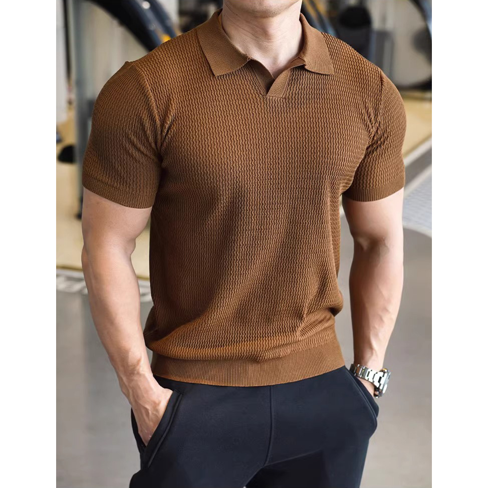 Verano nuevo suéter de punto de seda de hielo de manga corta para hombres camisa POLO de negocios delgada con cuello en V camiseta de moda comercio exterior al por mayor transfronterizo