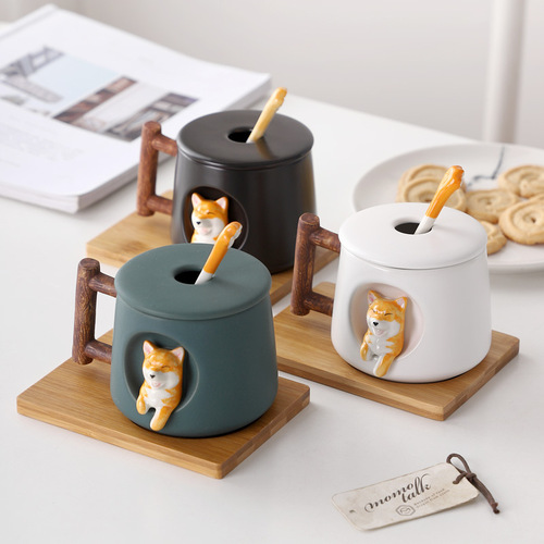 Ceramic creative personality cute mug with lid spoon for home couple men and women coffee cup Shiba Inu cup gift