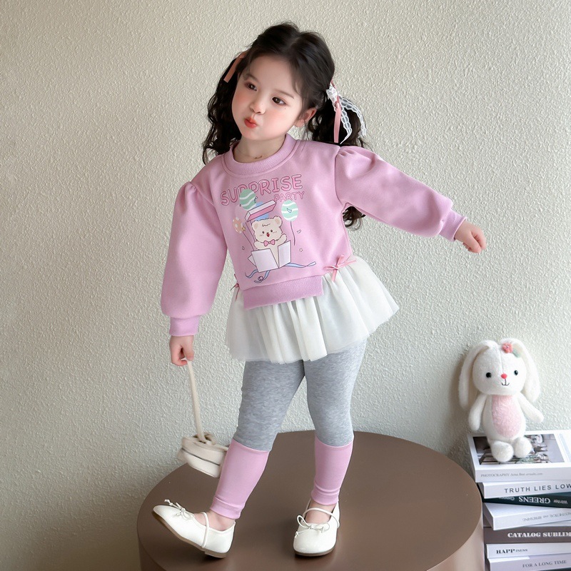 Conjunto de dos piezas para niñas sudadera y leggings falda – estilo casual primavera 2025.